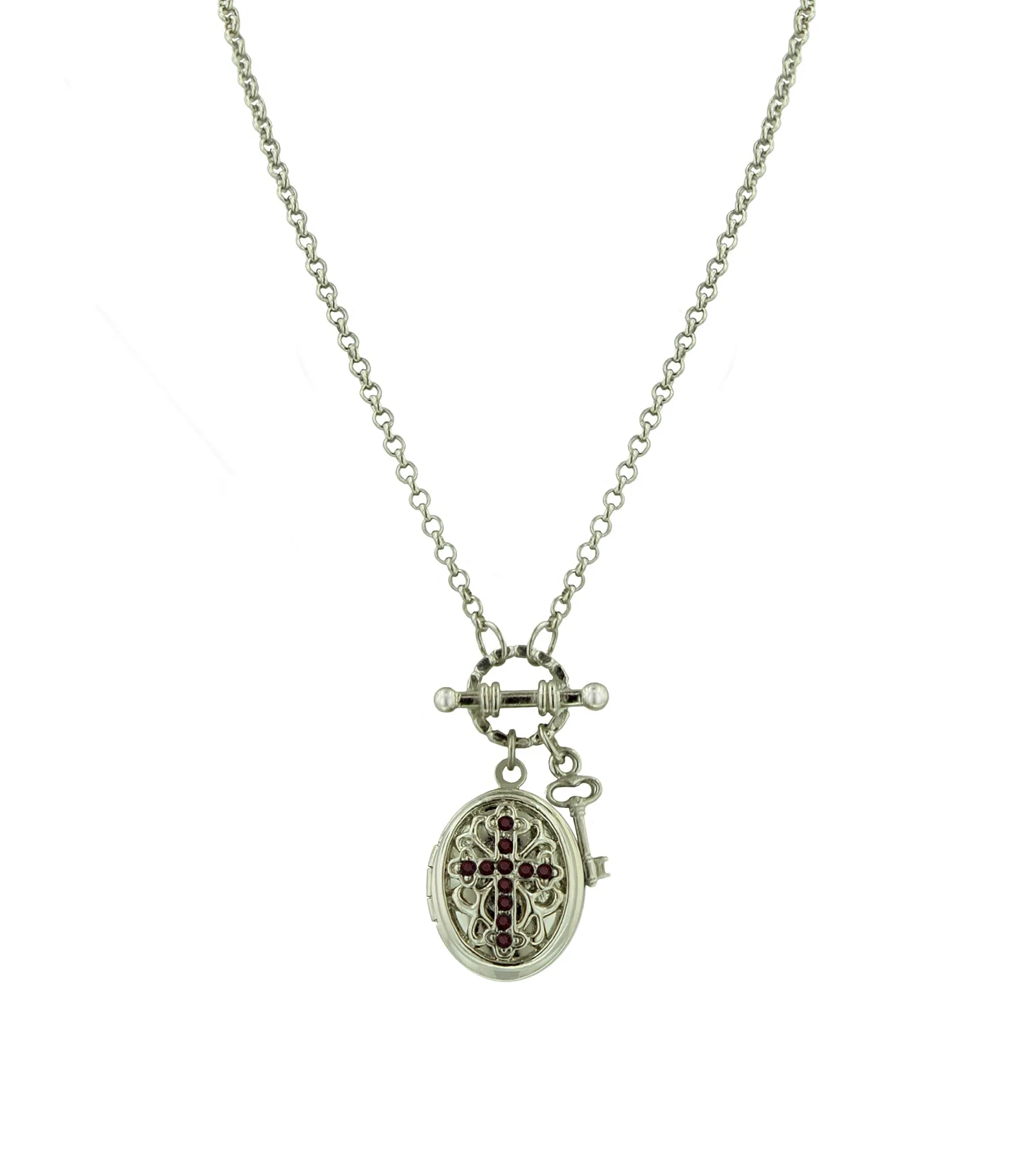 Vintage 1928 Birthstone Cross Locket Necklace - 24-Inch Length