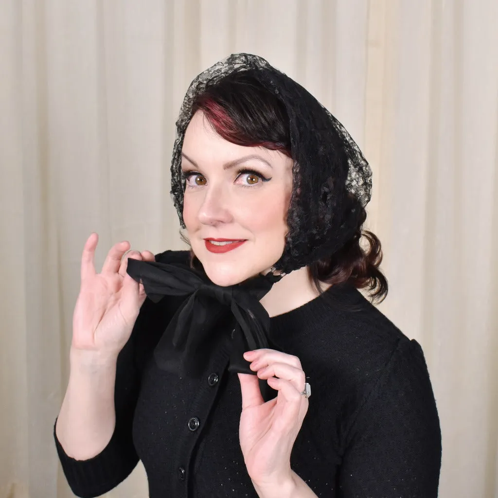 1950s Black Lace Head Scarf Tie