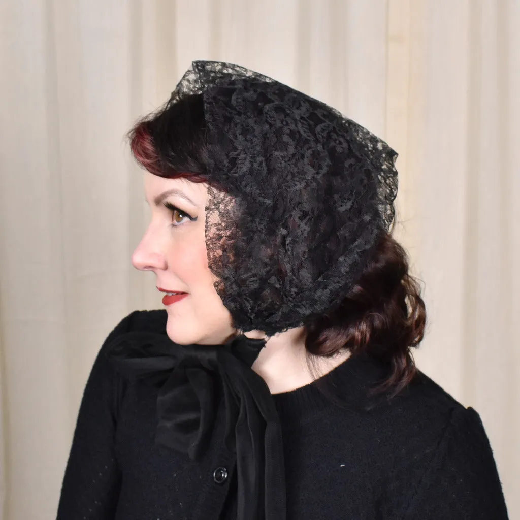 1950s Black Lace Head Scarf Tie