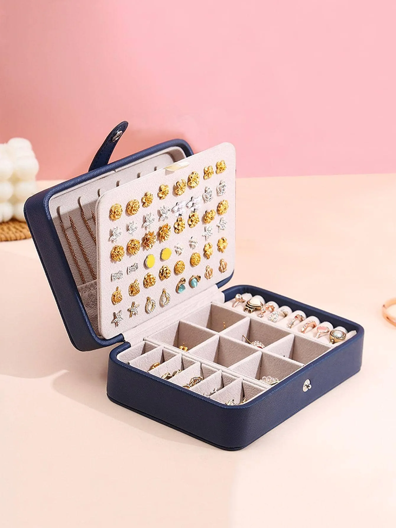 1pc Plain PU Jewelry Storage Box For Accessories, Multi-grid Jewelry Organizer For Gift, Portable Jewelry Box For Travel