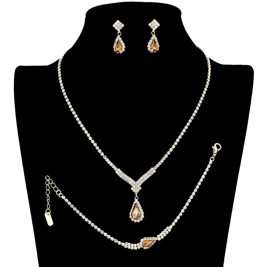 3PC Teardrop Stone Accented Rhinestone Necklace Jewelry Set