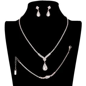 3PC Teardrop Stone Accented Rhinestone Necklace Jewelry Set