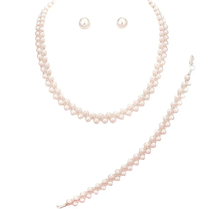 3PCS Braided Chain Pearl Necklace Jewelry Set