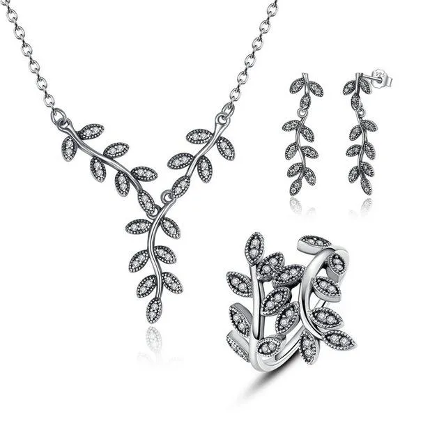 925 Sterling Silver Sparkling Leaves Jewelry Set