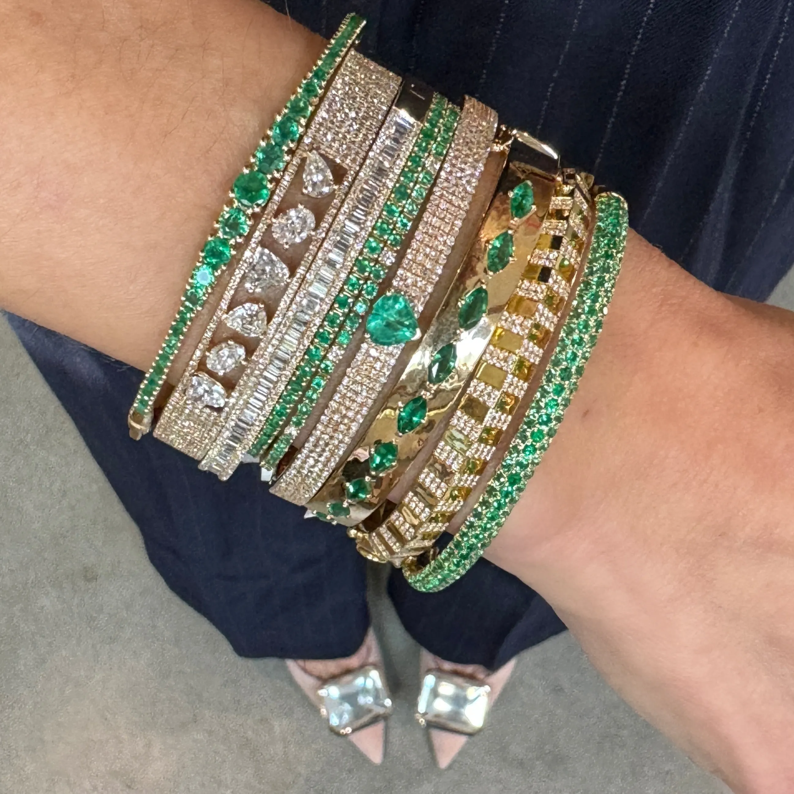 Alternating Diamond & Emerald Flex Bangle Bracelet