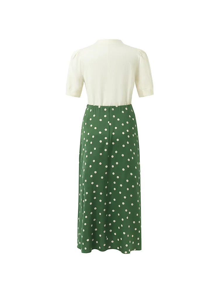 Bow Tie Neck Knit Top And Mulberry Silk Polka Dots Printed Half Skirt Two-Piece Set