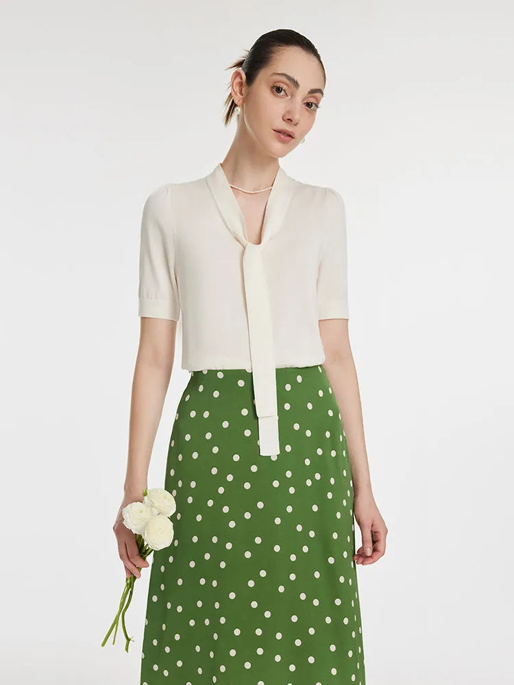 Bow Tie Neck Knit Top And Mulberry Silk Polka Dots Printed Half Skirt Two-Piece Set