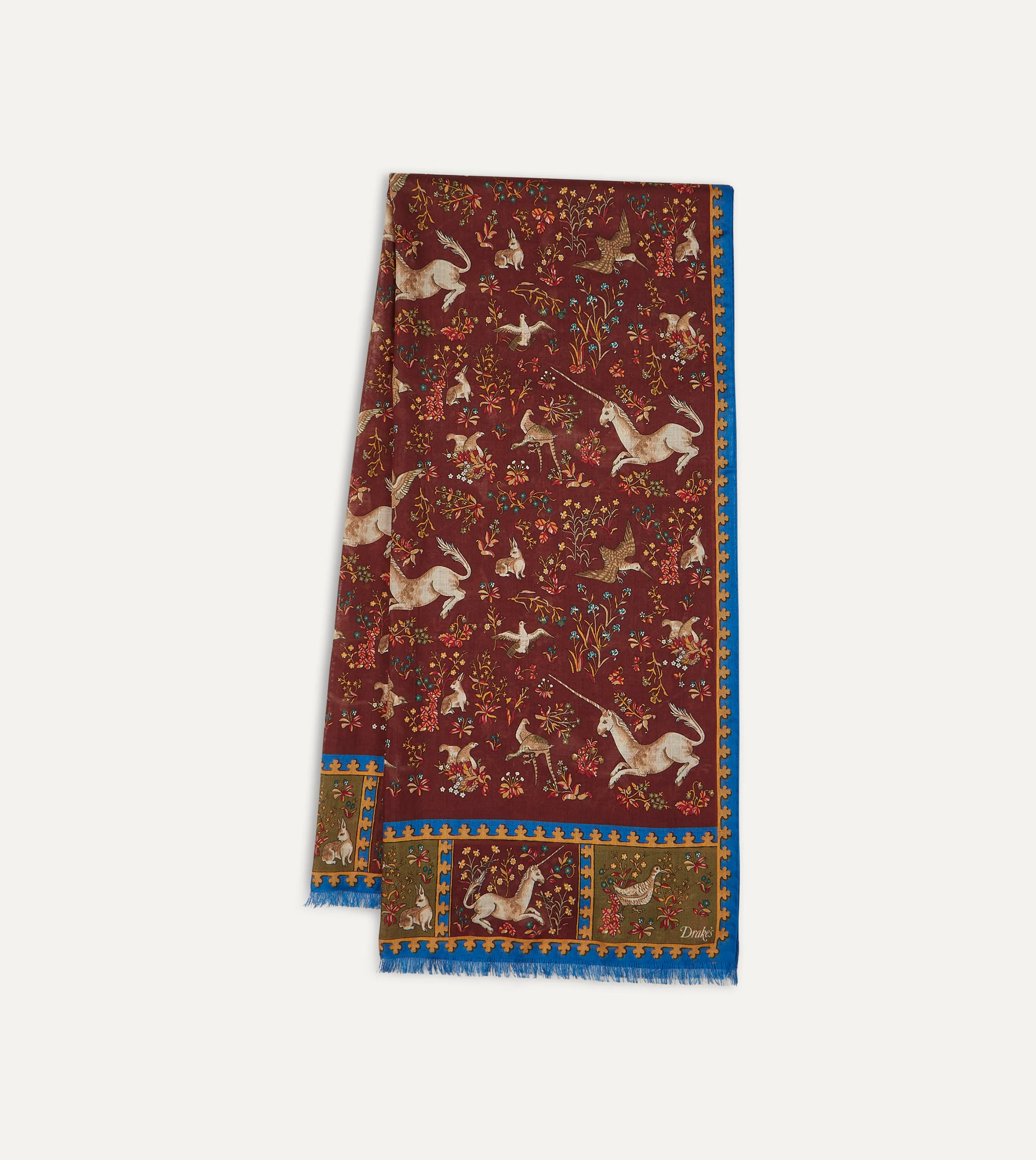 Stylish Burgundy Wool-Silk Scarf with Unicorn Print