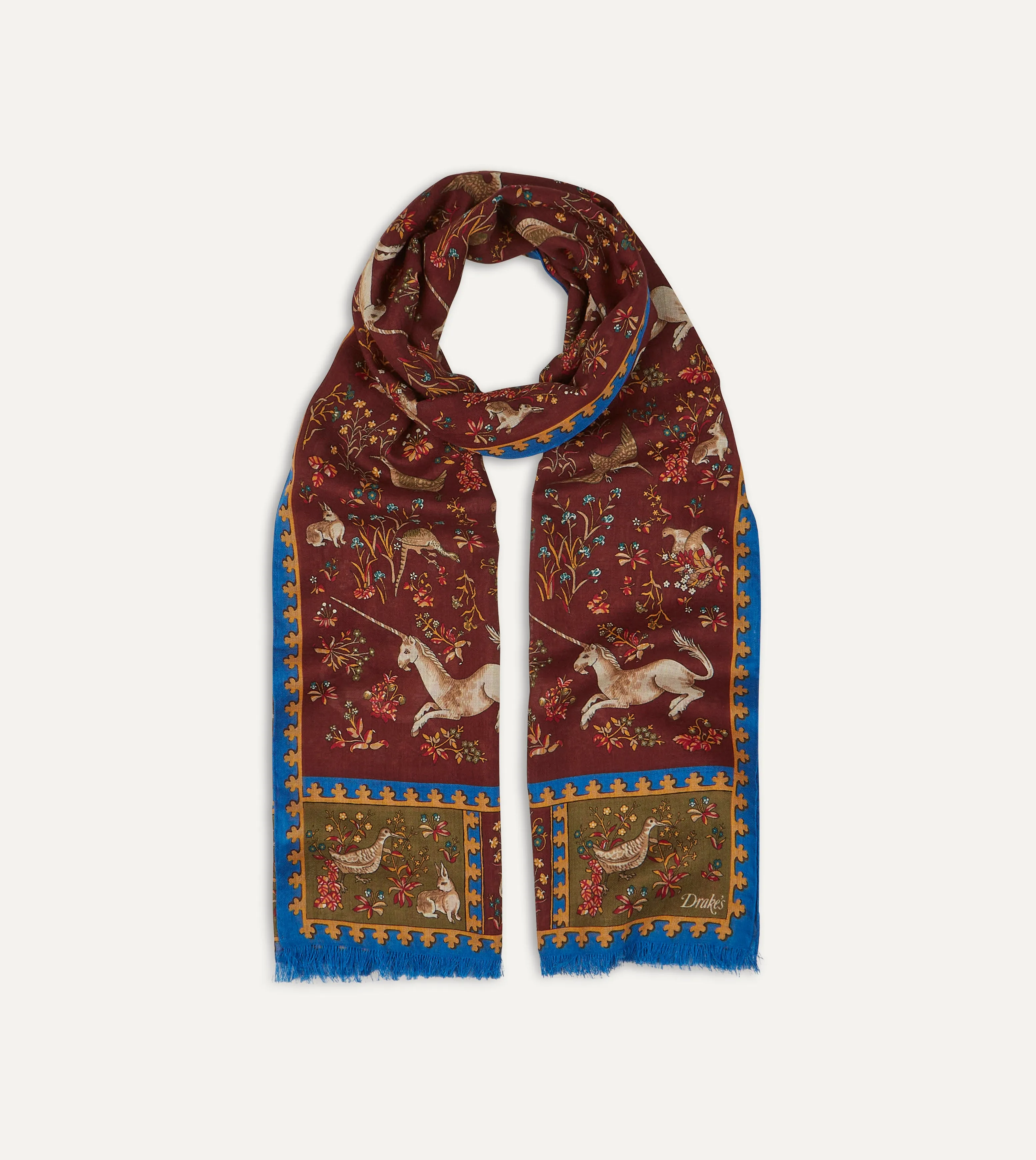 Stylish Burgundy Wool-Silk Scarf with Unicorn Print