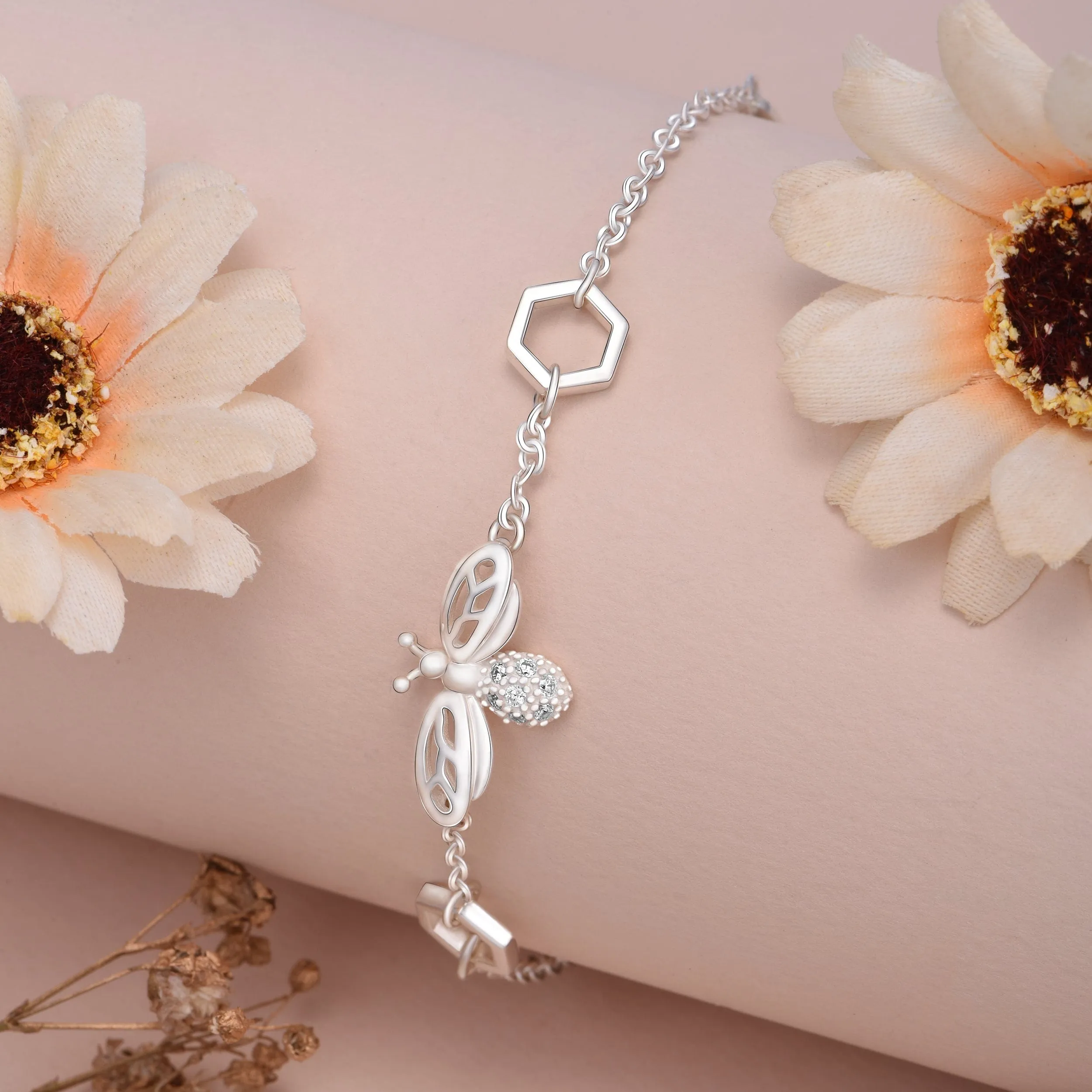 CZ Bumble Bee Bracelet Silver with Honeycomb Jewelry