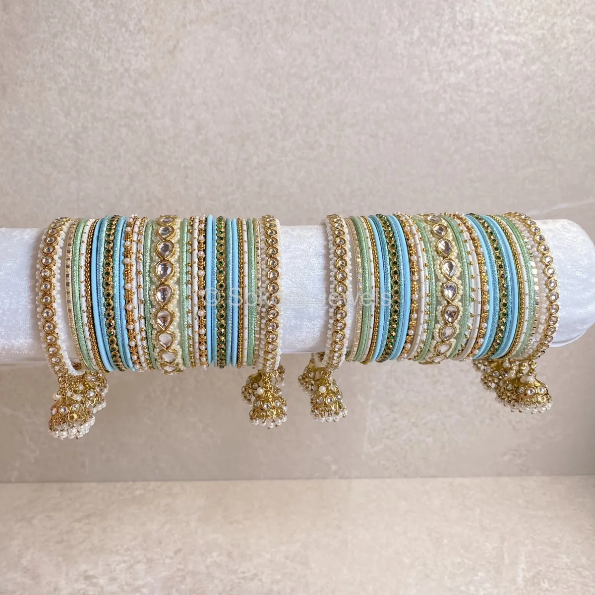 Faux Kundan Jhumka Bangle Set - Aqua Multi Shade