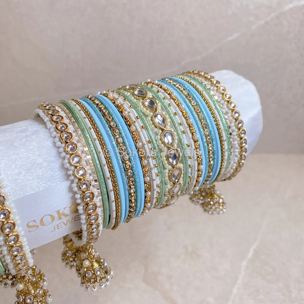 Faux Kundan Jhumka Bangle Set - Aqua Multi Shade