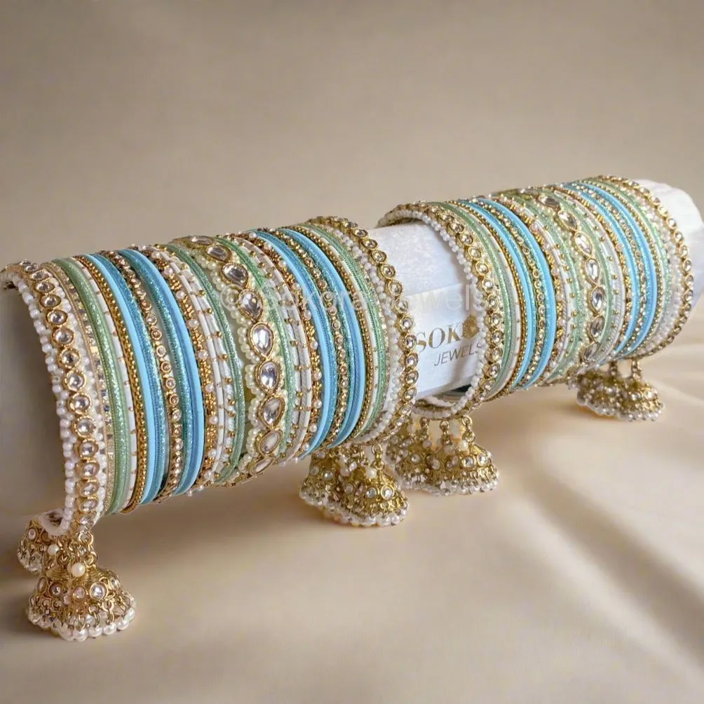 Faux Kundan Jhumka Bangle Set - Aqua Multi Shade