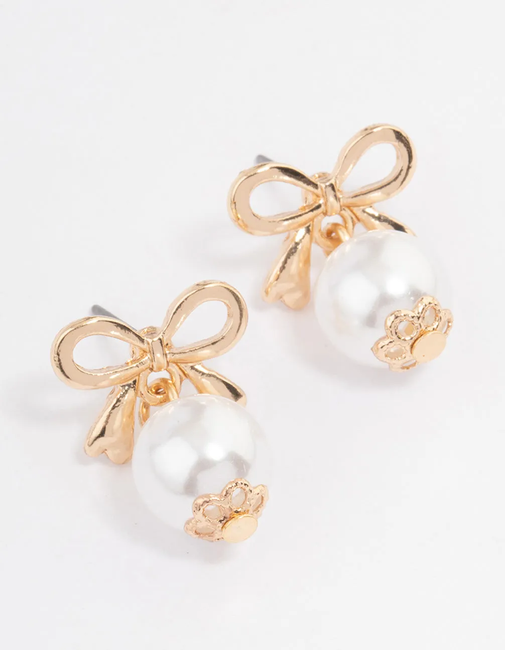 Elegant Gold Bow Earrings with Dangling Pearl Drops