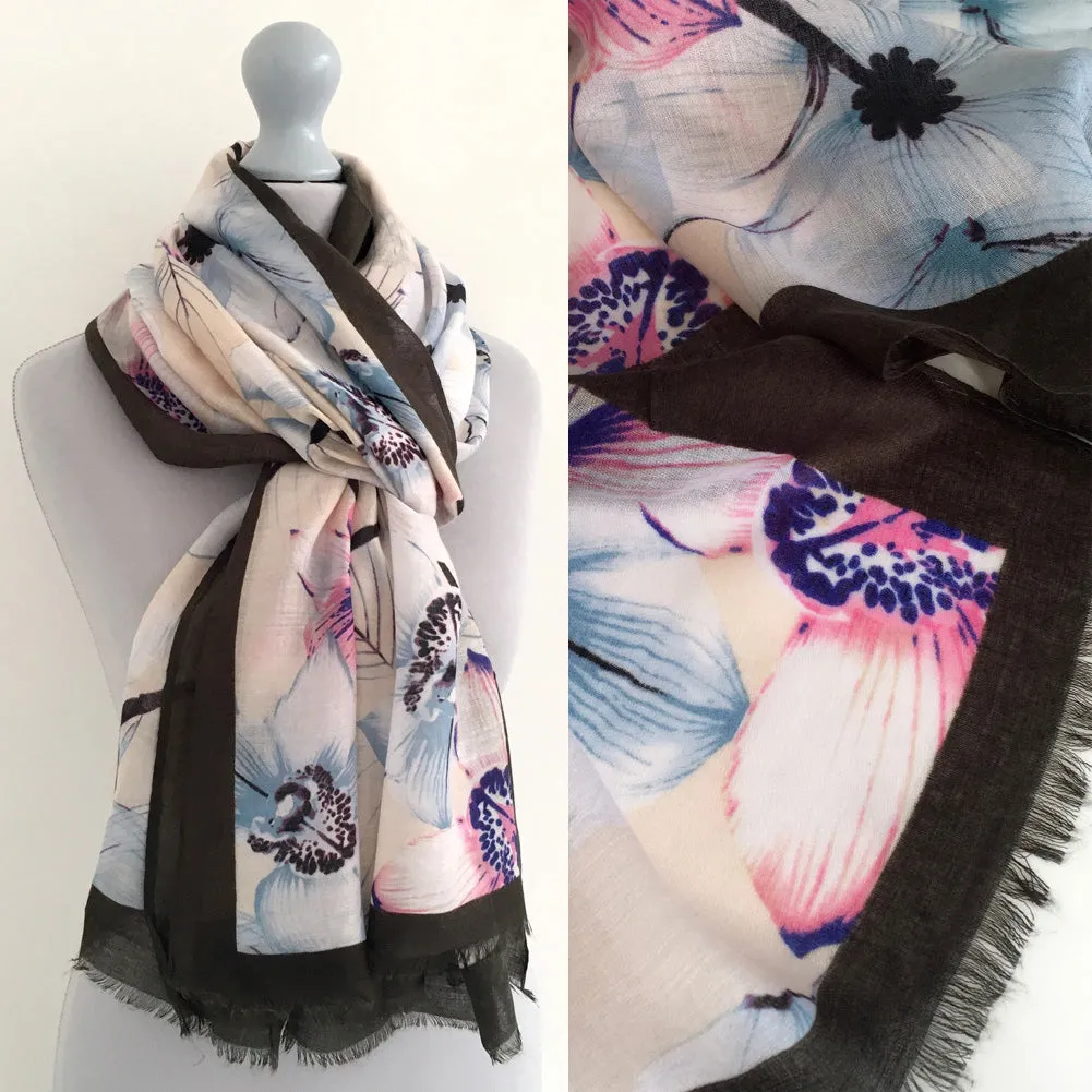 LARGE DARK BROWN BORDER FLORAL PRINT SCARF