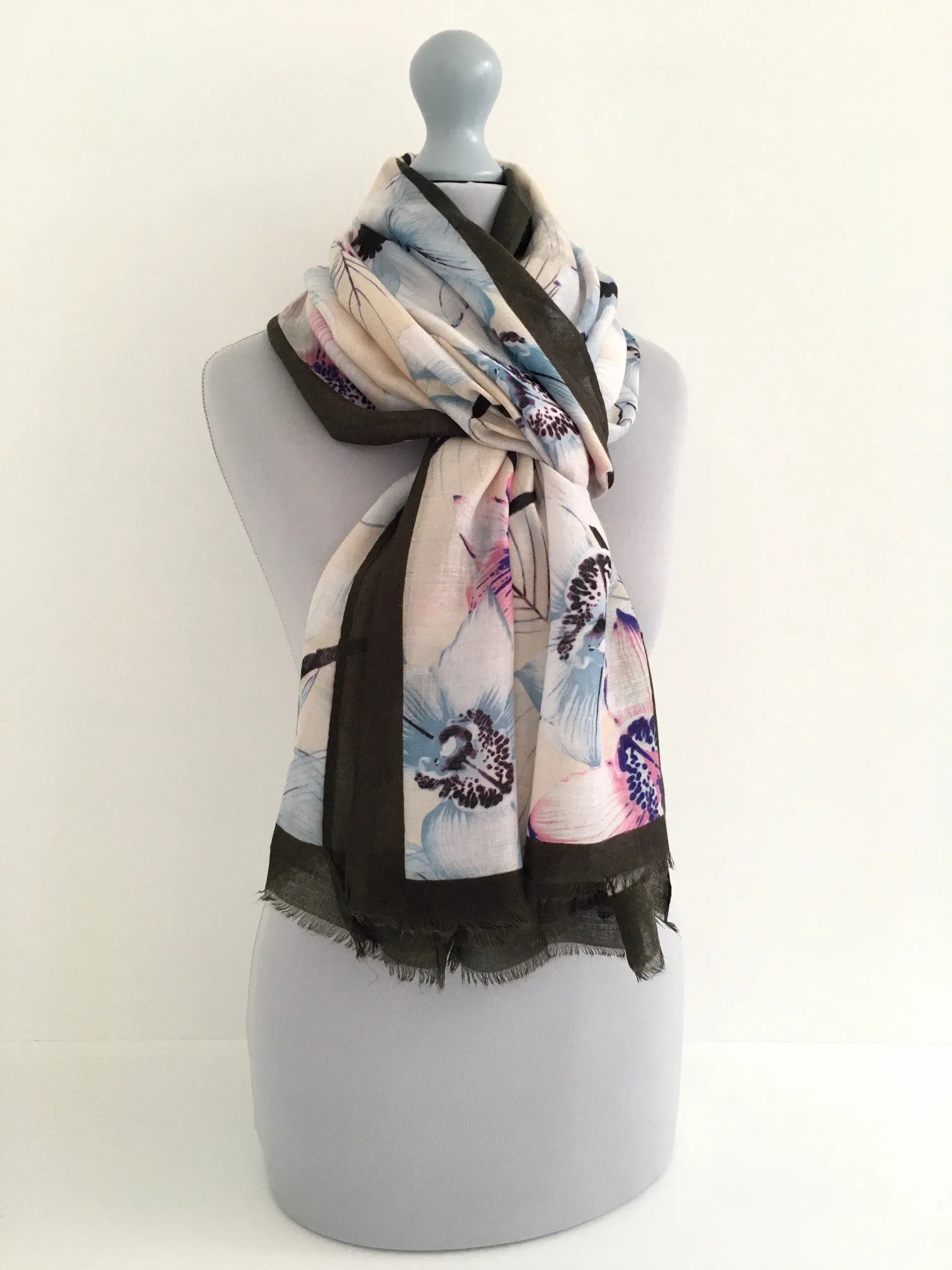 LARGE DARK BROWN BORDER FLORAL PRINT SCARF