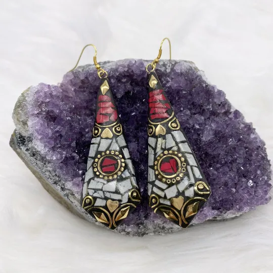 Long Tibetan Earrings, Statement Jewelry, Ethnic Jewelry, Dangle Earrings, Tribal Fusion Earring, Boho Style, Women Jewelry