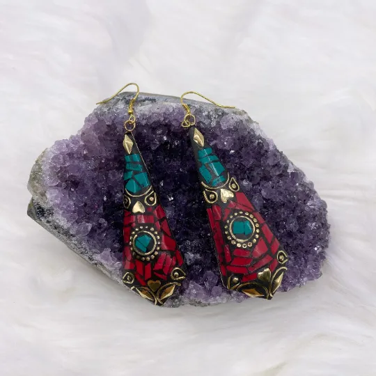 Long Tibetan Earrings, Statement Jewelry, Ethnic Jewelry, Dangle Earrings, Tribal Fusion Earring, Boho Style, Women Jewelry