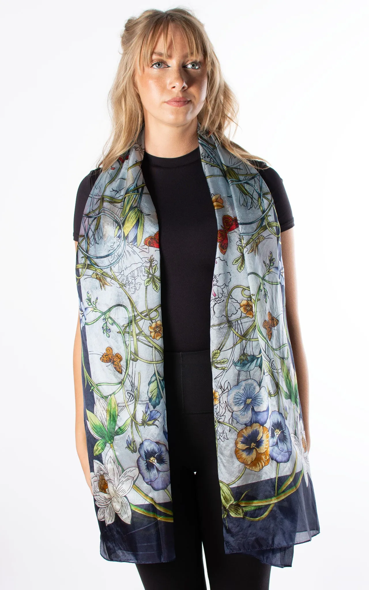 Navy Border Floral Silk Scarf