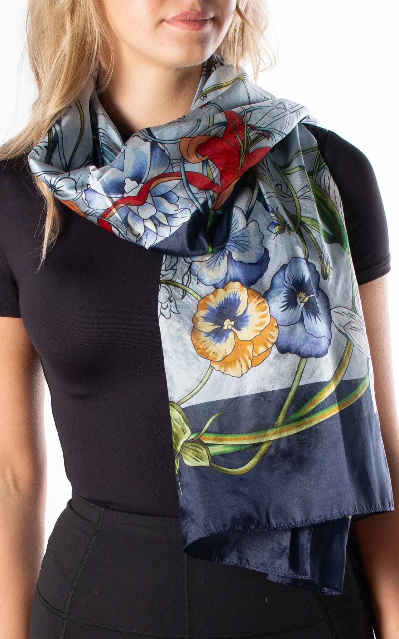 Navy Border Floral Silk Scarf