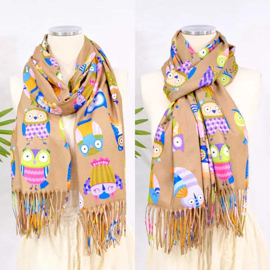 Owl Print Oversized Scarf with Fringe