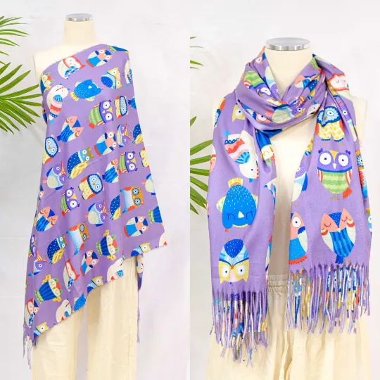 Owl Print Oversized Scarf with Fringe