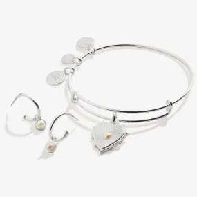 Pearl Heart Charm Bangle   Hoop Earring Set