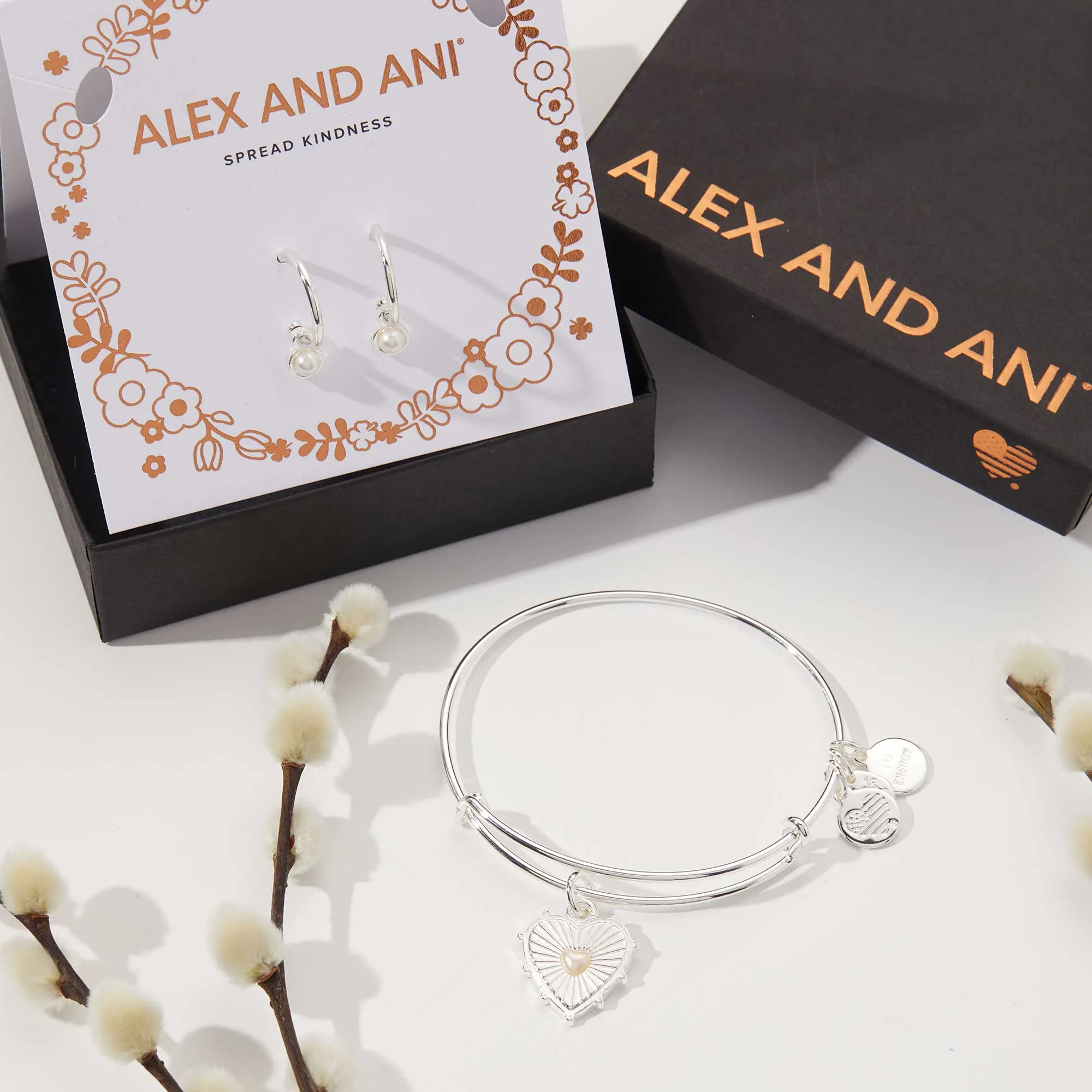 Pearl Heart Charm Bangle   Hoop Earring Set