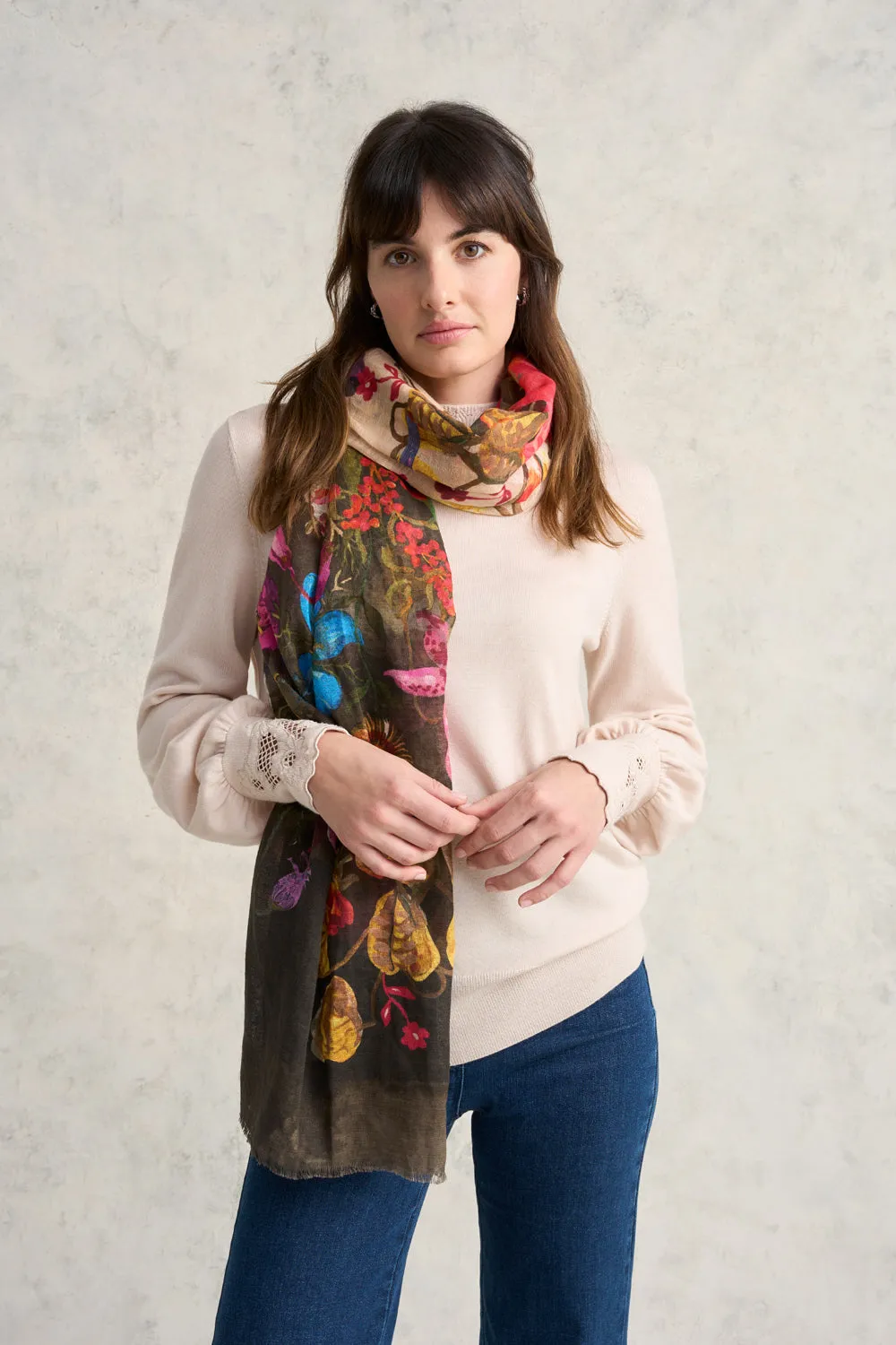 Spliced Bird Floral Wool Scarf